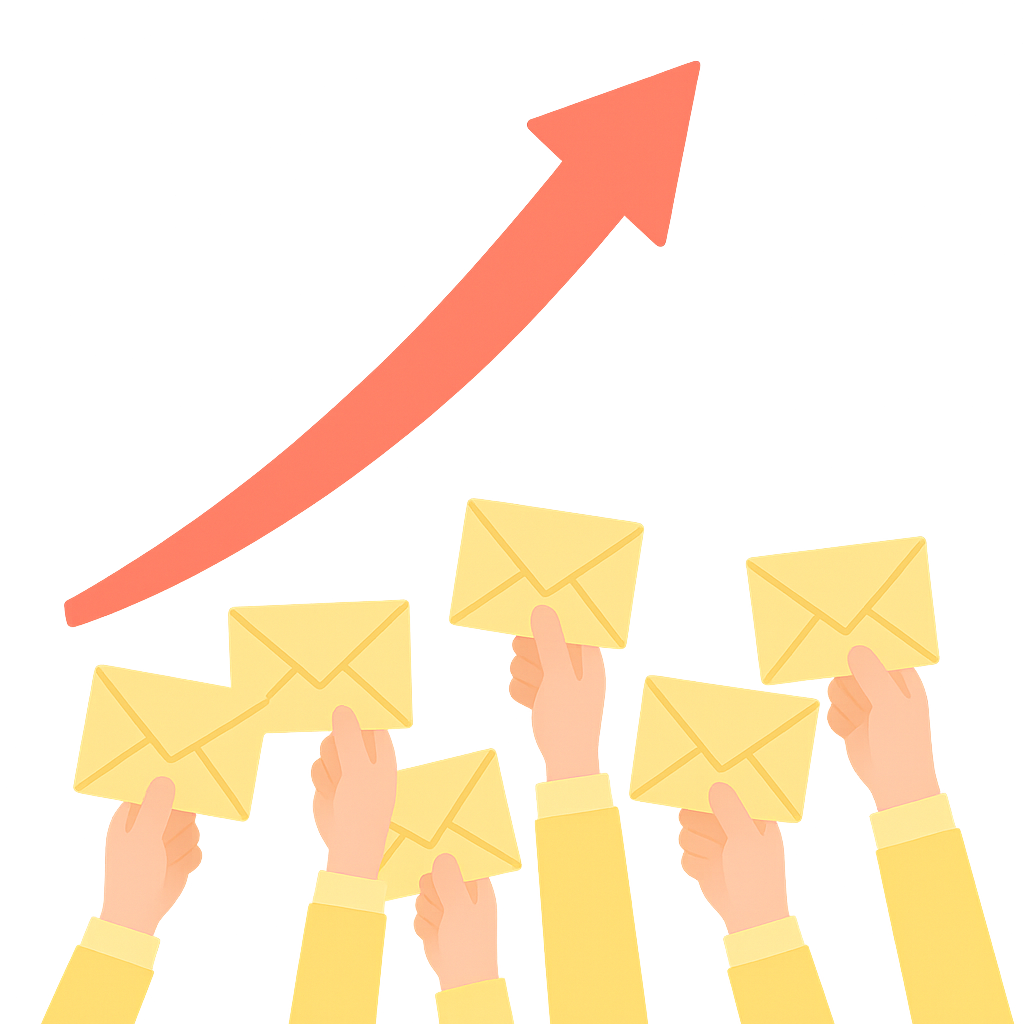 応募増加を表すイラスト - 複数の手が封筒を持ち上向きの矢印