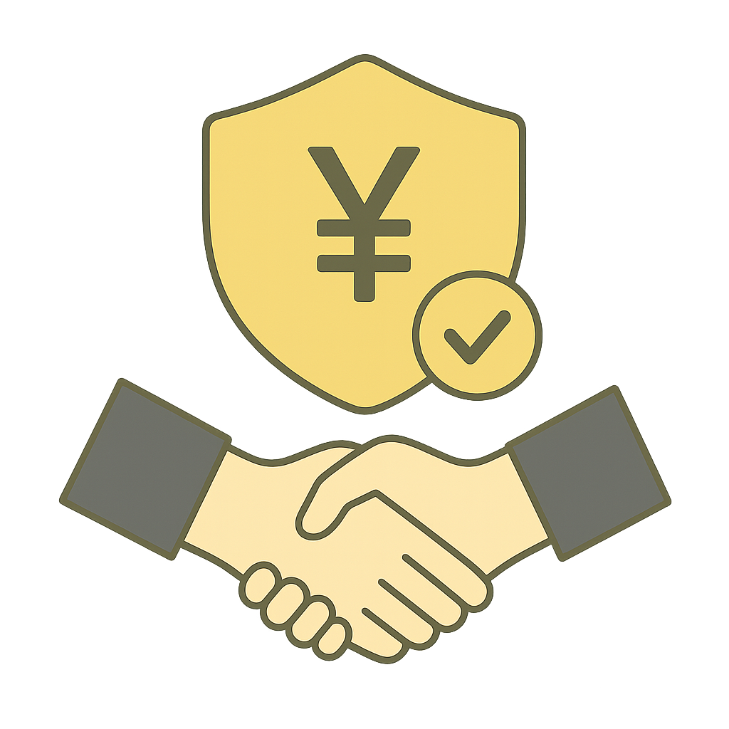 安心の成果報酬制を表すイラスト - 円マークの盾と握手