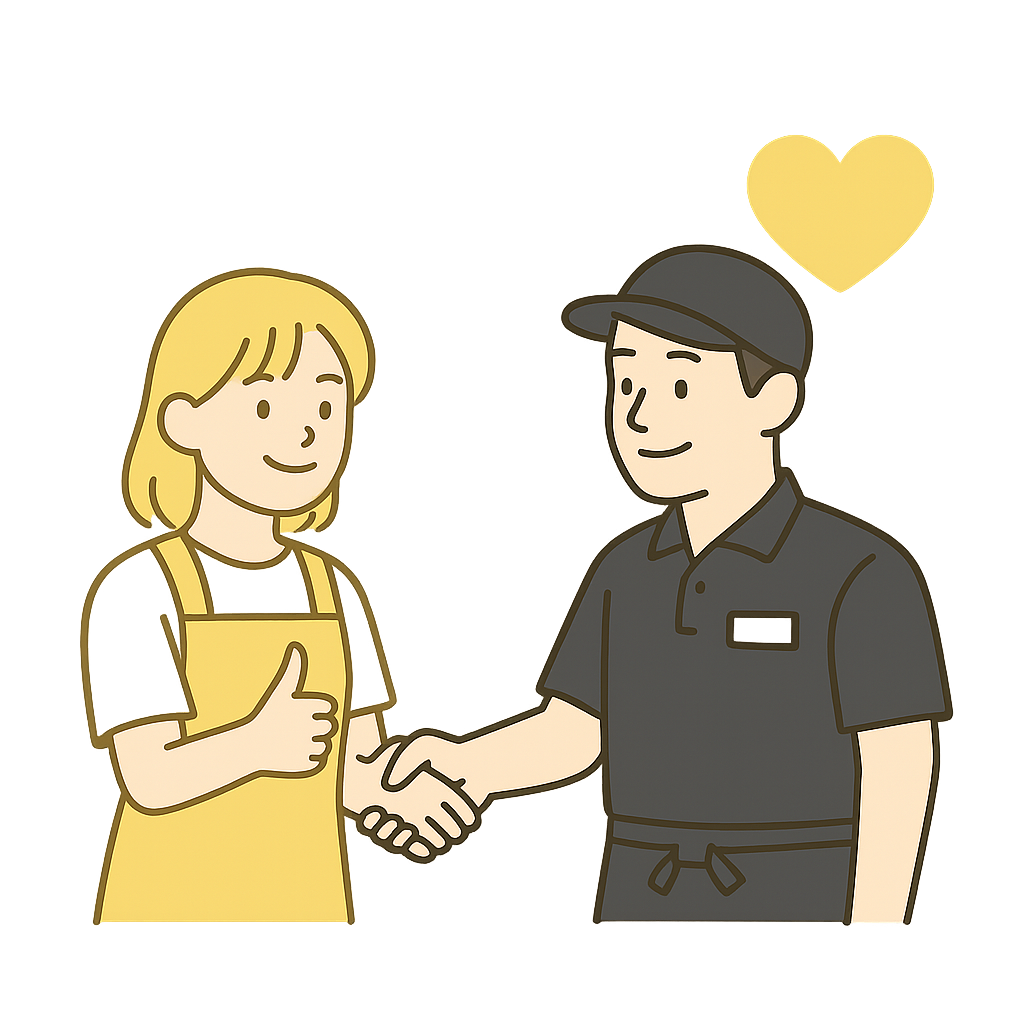 定着率向上を表すイラスト - 女性と男性が握手をしてハートマーク